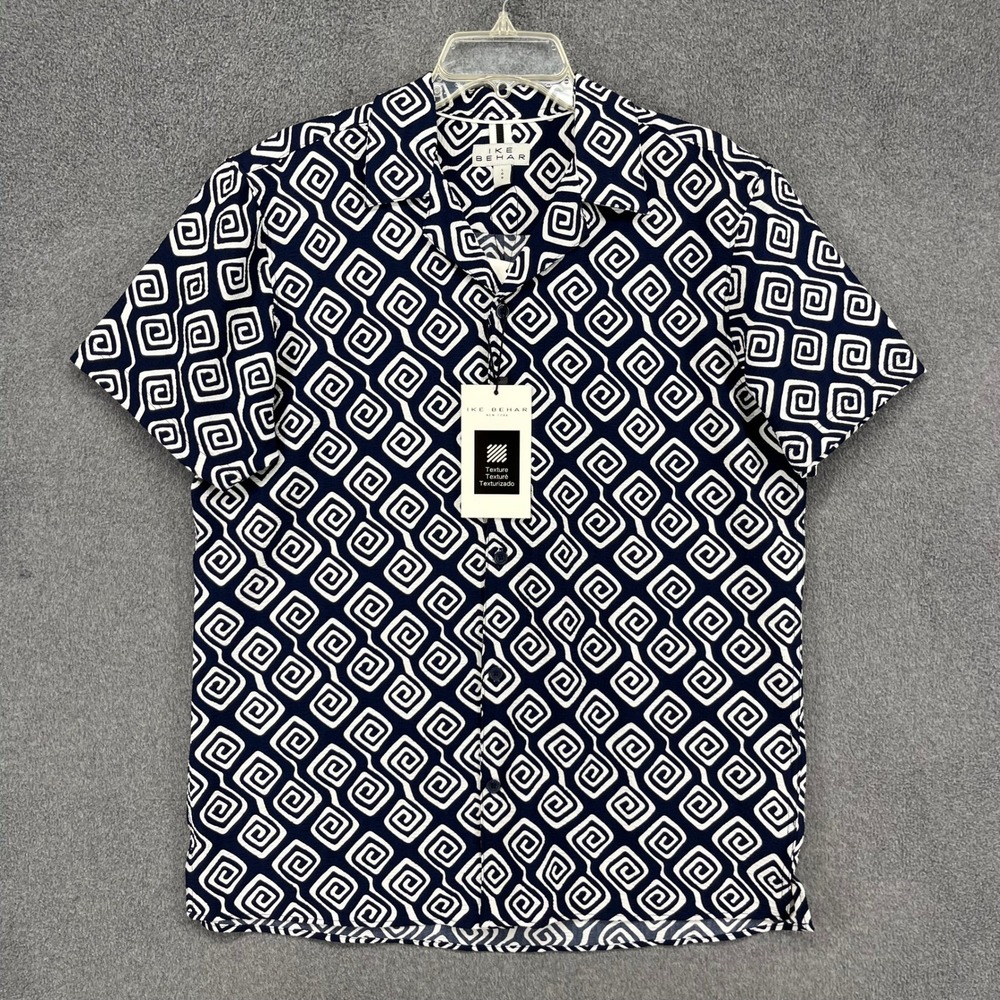 Ike Behar Button Down Shirt Mens Large Navy Blue Geometric Retro Summer